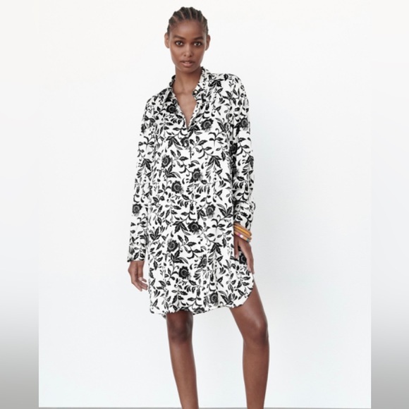 Zara Botton Down Black & White Floral Shirt Dress Sz S NWOT - Picture 5 of 5